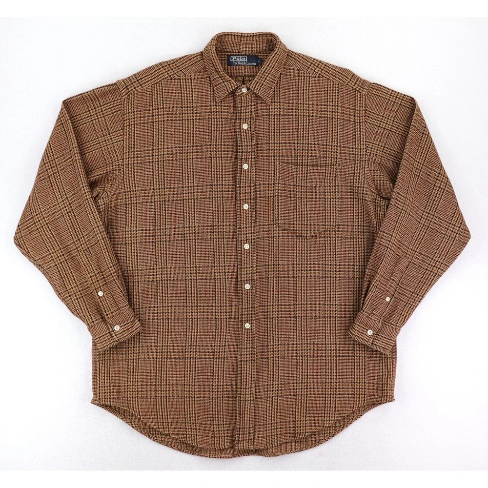 Polo Ralph Lauren Shirt Mens Large Brown Glen Plaid Check Long Sleeve VTG